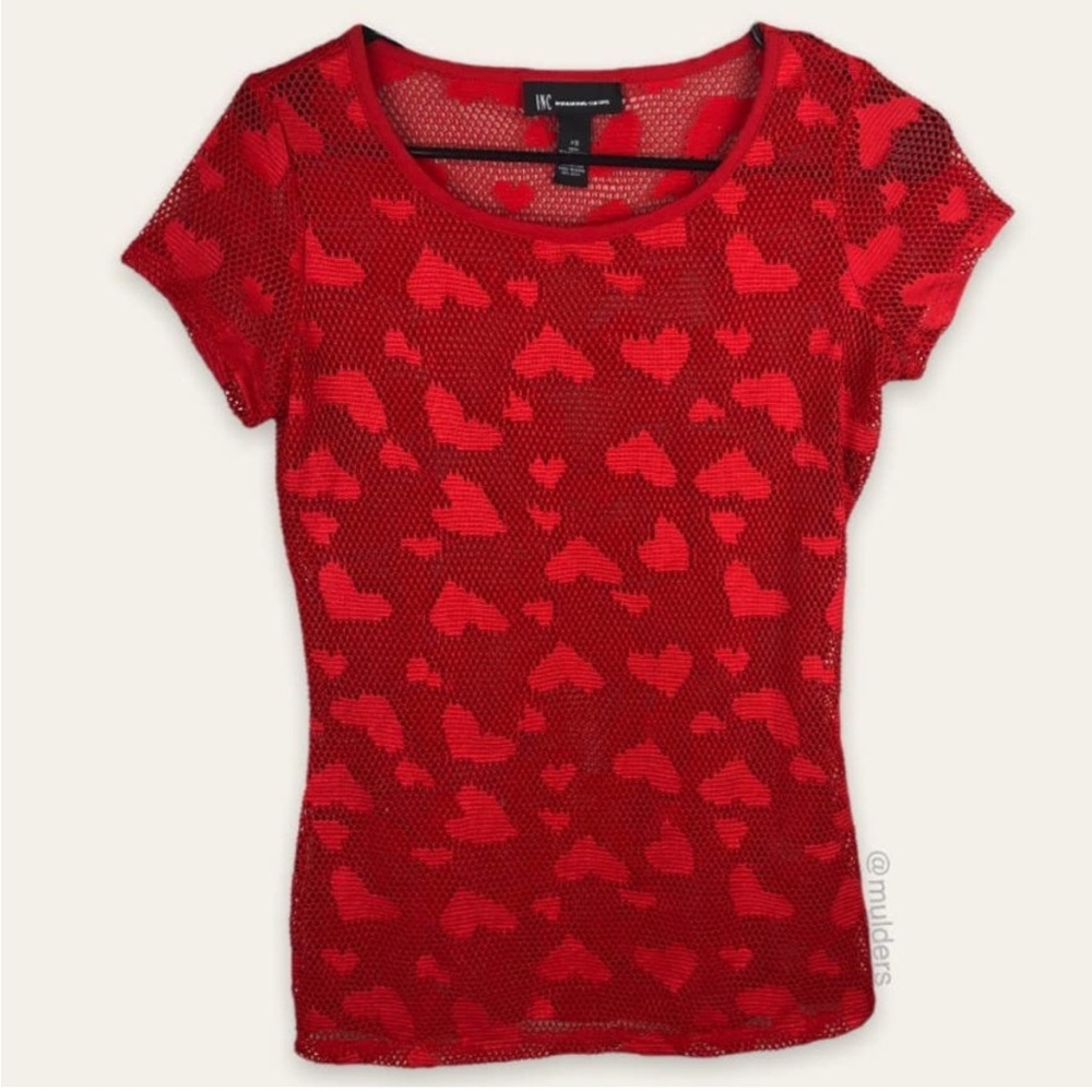 INC International Concepts Sheer Red Fishnet Mesh Heart Print Lovecore Shirt Top